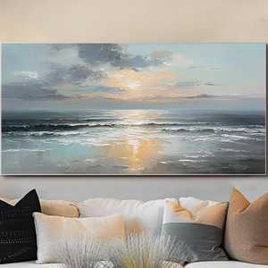 Art mural océanique, paysage marin bleu et or au lever du soleil, peinture à l'huile peinte à la main sur toile pour la décoration moderne du salon - Product Image 1