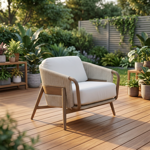 Sillón de Jardín Contemporáneo para Exteriores, Estructura de Madera, Tapizado en Tela, Acolchado, para Patio o Piscina, Personalizable - Product Image 2