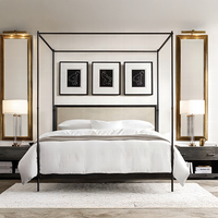 Lit en métal de style français moderne, taille Queen, avec baldaquin en fer inoxydable et panneau en tissu, pour hôtel/école
