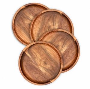 Eco-Friendly Round 4 Pack Acacia Wood Dinner Tray Snack And Dessert <strong>Plate</strong> Set For Weddings And Parties - Product Image 1