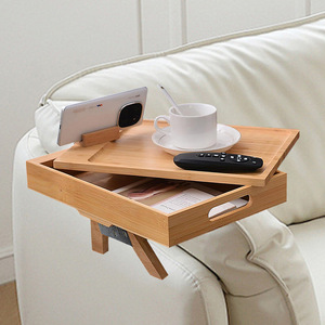 Plateau d'accoudoir de canapé en bambou avec tiroir de rangement et support pour téléphone pour utilisation sur canapé - Product Image 4