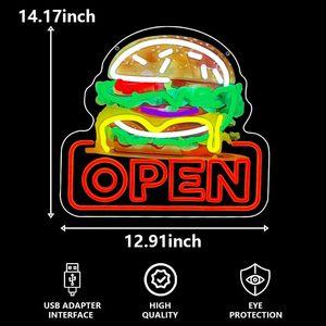 Burger Open Letreros Neon LED dimmable USB powered ambient <b>light</b> store <b>window</b> decoration <b>light</b> street indicator <b>light</b> Customized - Product Image 1