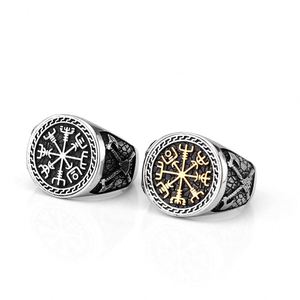 Bague en acier inoxydable couleur or avec boussole viking et runes, style hip-hop Europe et Amérique, accessoires de mode pour hommes - Product Image 1