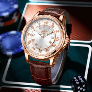 Reloj de Negocios para Hombre con Correa de Cuero Marrón, 12 Constelaciones Zodiacales, Números Romanos Luminosos, Diseño Simple de Dibujos Animados, Esfera con Agujas - Product Image 2