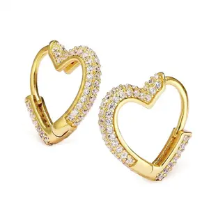 Hip Hop China Jewelry 18 18k Gold Plated 925 Silver Cubic Zirconia Heart Shaped Hoop Earrings