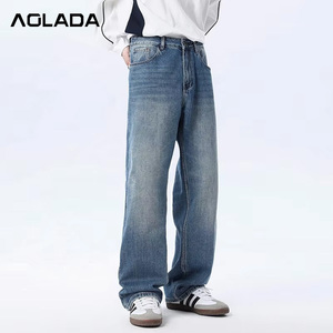 جينز مغسول مخصص للرجال بالجملة، جينز واسع الساق بقصة فضفاضة وحواف خام، بتصميم هيب هوب وستريت وير، بلون أزرق داكن باهت بالشمس، مستقيم وواسع الساقين. - Product Image 3