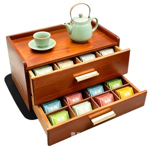 Wooden Double Layer <b>Tea</b> Bag Storage <b>Box</b> With Compartments Drawer Style Desktop Organizer For <b>Tea</b> Room Use - Product Image 1