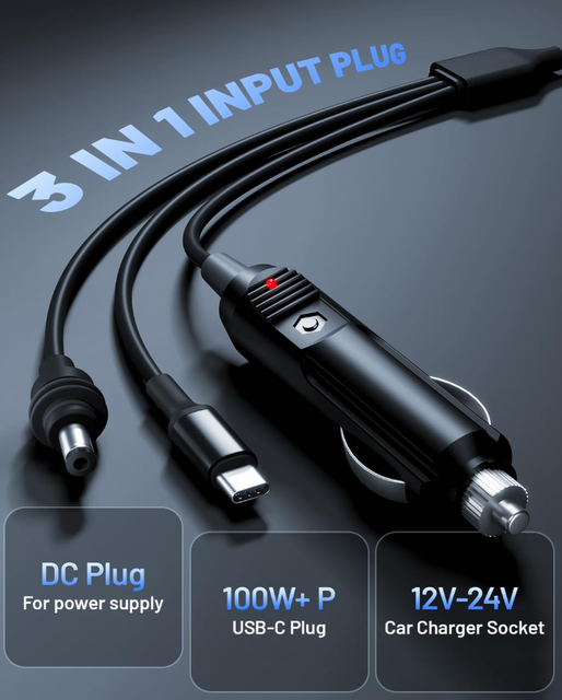3-in-1 Car Cigarette Lighter Input Cable 12V-24V DC/USB-C 100W+ High Power 3m TPE Insulated Copper Core Black