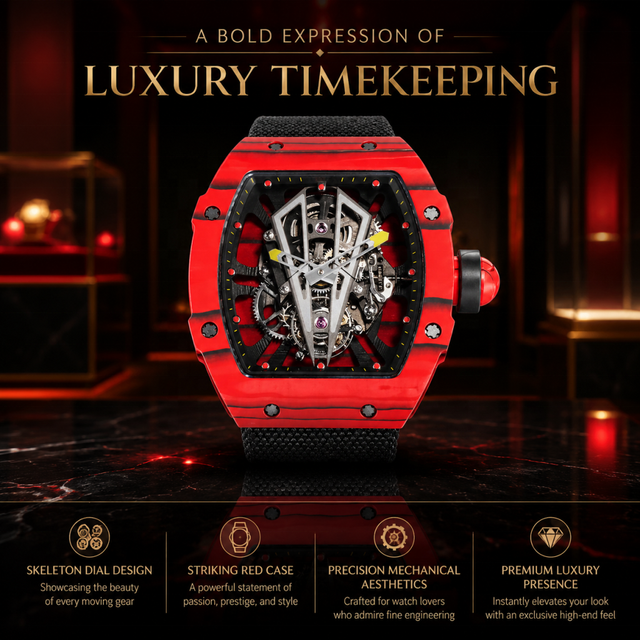 Fashionable Trend Red Carbon Fiber 2703 Automatic Mechanical Watch Sapphire Crystal Mirror Daily Party Wear Men's Luxury Watch