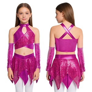 Traje de competición de baile de salón y jazz para niñas de 6 a 16 años, conjunto metálico con top corto, falda y guantes. - Product Image 4