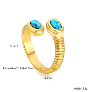 Bague ouverte ajustable tendance en acier inoxydable plaqué or 18 carats avec zircon cubique et turquoise, bijoux empilables - Product Image 4