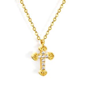 Collier tendance en acier inoxydable plaqué or 18 carats avec pendentif croix chrétienne en zircon cubique et diamant - Product Image 1
