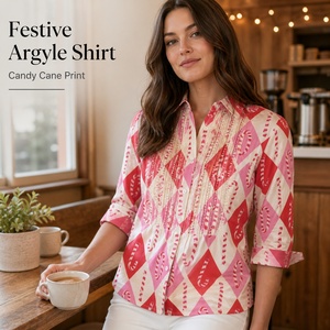 Camisa de Mujer con Estampado Argyle, Botones, 100% Algodón, Manga Tres Cuartos, Corte Regular Informal, Personalización OEM ODM - Product Image 2