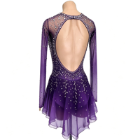 Robe de patinage artistique violet foncé, manches longues, dos découpé en maille, jupe en mousseline ornée de strass, personnalisable pour enfants, adolescents et adultes, OEM