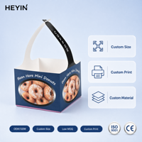 Boîte de transport en carton à ouverture supérieure avec poignée imprimée, fond à fermeture à pétales, pour donuts, pâtisseries, snacks, emballage à emporter