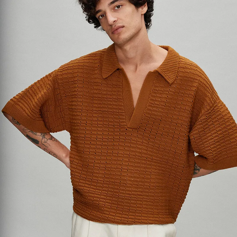 Polo d'été marron au crochet fin à manches courtes col ouvert vierge surdimensionné 300 gsm laine t shirt en gros