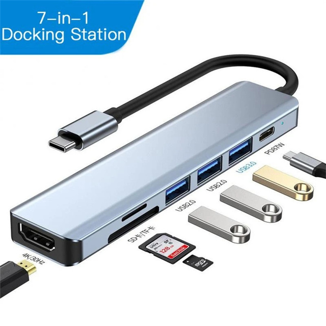 USB C Hub Multiport Adapter - 7 in 1 Portable Space Aluminum Dongle with 4K HD Output, 3 USB 3.0 Ports, SD/TF Card Reader