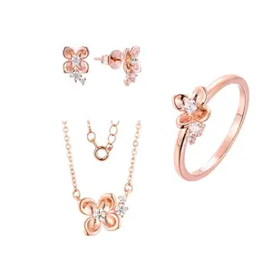 Personnalisé OEM Luxe Mariage Femmes Argent 925 Zircon pierre fleur Fine Jewelry Colliers Boucles D'oreilles Anneaux tendance Jewelry Set