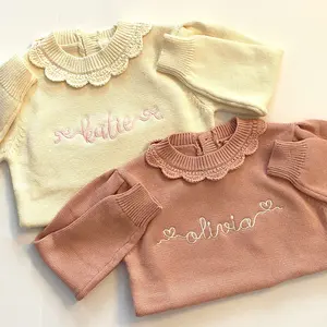 褶边婴儿毛衣休闲简约刺绣交织字母组合针织毛衣