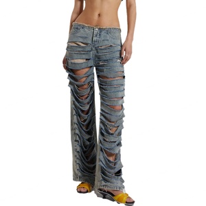 Pantalon Boyfriend Droit Délavé et Déchiré Taille Basse pour Filles - Nouvelle Collection OEM - Product Image 1