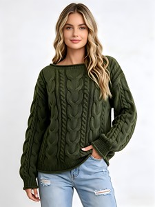 <span class=keywords><strong>Pull</strong></span> <span class=keywords><strong>en</strong></span> tricot torsadé pour femme, à manches régulières, épaisseur standard, coupe ample et décontractée, style décontracté, automne, 100% polyester, respirant - Product Image 1