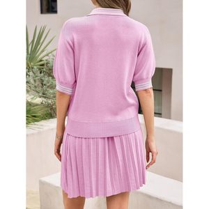 Conjunto de Falda de 2 Piezas para Mujer, Verano, Top de Punto con Cuello en V y Manga Corta, Minifalda Plisada, Atuendo Casual de Playa - Product Image 5