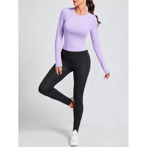 Fisoew Camiseta deportiva de manga larga para mujer, cuello redondo, ajustada, compresión, yoga, camisa deportiva, color morado sólido, poliéster - Product Image 6