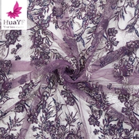 2021 nouveau Stock violet brodé à la main Tulle dentelle nigérian dentelle bordure lacets avec paillettes et perles HY1545