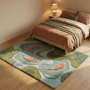 Moss Blue <b>Fish</b> <b>Pond</b> Area Carpet Crafted from Wool with Orange Koi and Textured Hand Tufting for Living Room Bedroom Nursery Kids - Product Image 4