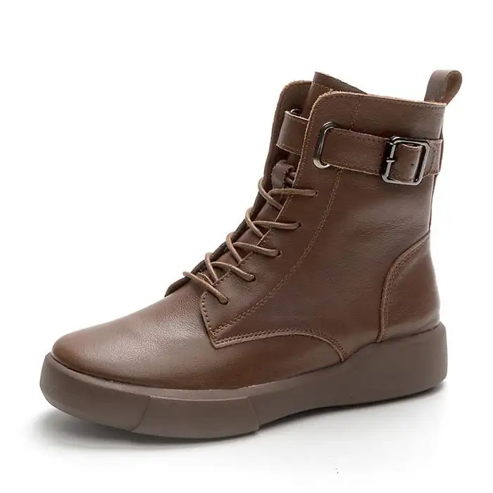 Couro Genuíno das Mulheres Martin Botas 2023 Coleção Outono/Inverno Botas Planas Únicas com Couro Elástico Macio Sola Casual Vin