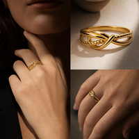 Bague unisexe tendance en acier inoxydable plaqué or 18 carats avec pierres précieuses, torsadée et entrelacée à double enroulement