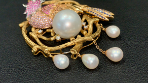 Moda exquisita cultivada diamante pájaro rosa amarillo cristal + perla 9K18K Metal chica encanto broche Pin - Product Image 2