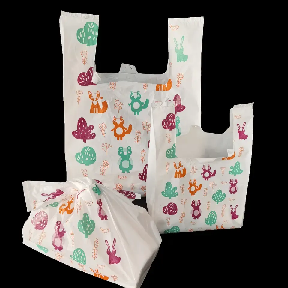 Kunden spezifisch bedrucktes Logo Faltbare recycelbare biologisch abbaubare Plastiktüte Einkaufstasche Supermarkt T-Shirt Westentasche