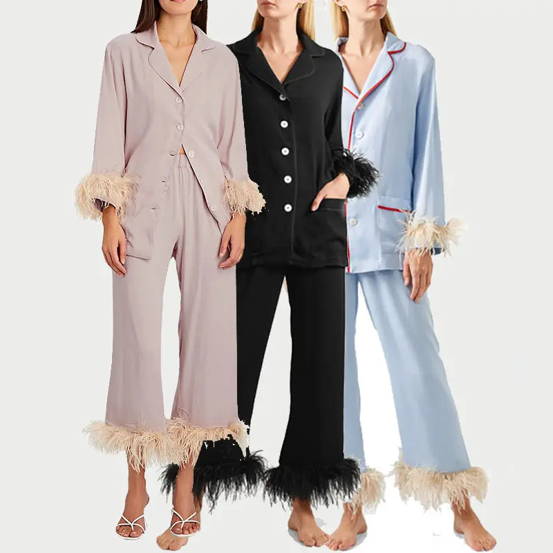 Sıcak satış bayan pijama seti tüy ile gecelik kadınlar gerçek devekuşu tüyü Trim Pjs