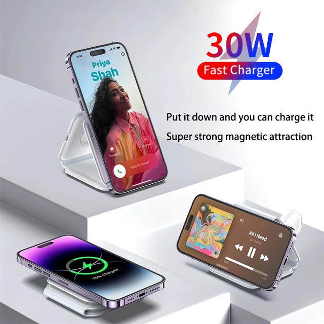 Desktop Charger Stand Foldable 15w Qi2 Magnetic 3 in 1 Wireless Charger Station for Mobile Phone Fast Charging