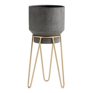 <b>Black</b> <b>Polished</b> Metal Planter with Gold Stand Indoor Outdoor Iron Pot Set Pattern Home Decor Garden Plants - Product Image 1
