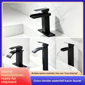 Robinet de <span class=keywords><strong>lavabo</strong></span> cascade noir moderne et minimaliste en céramique et acier inoxydable, à montage sur plan, avec bec carré large, pour eau chaude et froide - Product Image 4