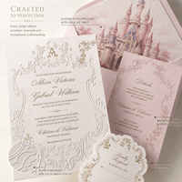 Suite d'invitations de mariage de luxe gaufrées avec doublure d'enveloppe en forme de château, design floral personnalisé, impression numérique, papier fantaisie
