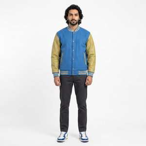 High Quality Custom Men's Varsity Jacket Stand Collar Letterman Style Embroidery Cotton Sleeves Breathable <b>Covered</b> <b>Button</b> - Product Image 1