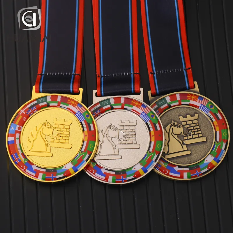 カスタマイズされたゴールドシルバーブロンズメタルロゴプリント国旗チェスメダル