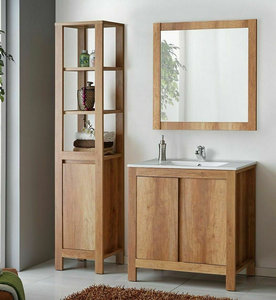 Juego de muebles de <span class=keywords><strong>baño</strong></span> independientes con efecto de roble de <span class=keywords><strong>80</strong></span> <span class=keywords><strong>CM</strong></span> con <span class=keywords><strong>espejo</strong></span> de tocador, gabinete enfermo y gabinete alto - Product Image 1