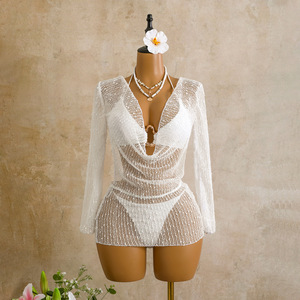 JSN 2026 Conjunto de bikini de dos piezas sexy de malla sólida personalizado para mujer con mangas largas, top halter sin espalda y traje de baño de cintura baja - Product Image 4