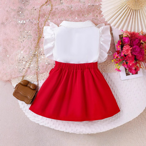 Nuovi <span class=keywords><strong>vestiti</strong></span> <span class=keywords><strong>estivi</strong></span> europei e americani per bambini con maniche arruffate per bambini camicia bianca + gonna a fiocco rosso Set di abbigliamento per ragazze 2 pezzi - Product Image 3