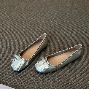 Square Toe Ballet Flats Solid Color <b>Bow</b> Decoration Slip-On Genuine Leather Flat <b>Shoes</b> Women All Seasons - Product Image 3