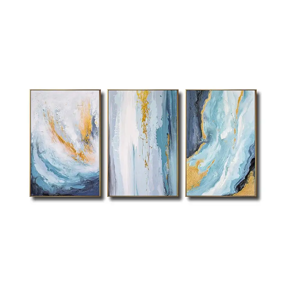 Modern Handmade Fashionable Canvas Wall Art Blue and Gold Abstract Framed Oil Painting for Hotel Decor Project