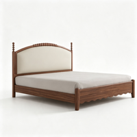 Lit en bois massif de style campagnard français vintage, tête de lit capitonnée incurvée, cadre de lit plateforme robuste pour chambre à coucher Queen et King