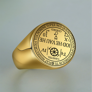 แหวนหมั้นสแตนเลสสตีลสีทองคลาสสิก ตราสัญลักษณ์ลอร์ดมามมอน ปีศาจ คาถาเวทมนตร์ ตราประทับ กุญแจเล็ก โซโลมอน คิง แอสโมเดย์ - Product Image 2