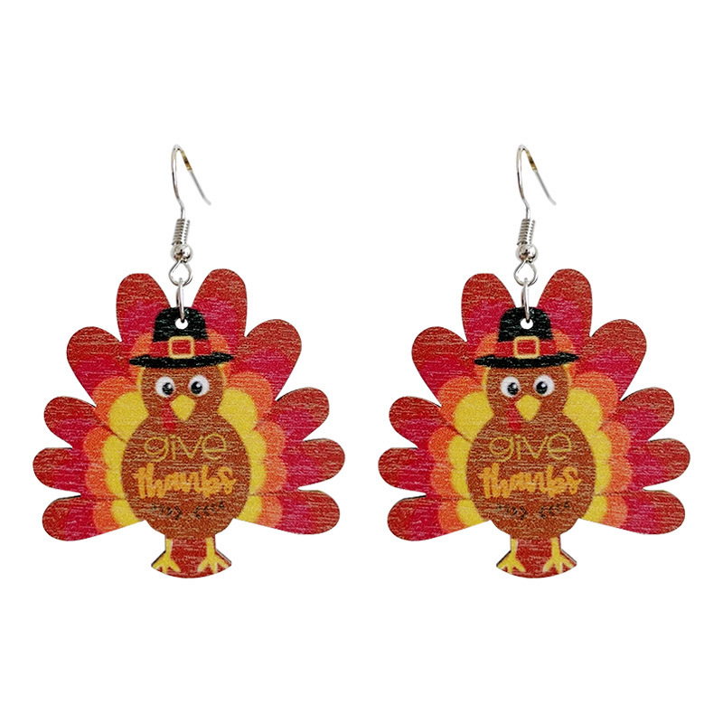 Thanksgiving Funny Turkey Earrings Wooden Double Sided Design Lightweight Hypoallergenic