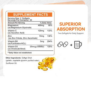 Suplemento <span class=keywords><strong>de</strong></span> Glicinato <span class=keywords><strong>de</strong></span> <span class=keywords><strong>Magnesio</strong></span> con Ingredientes Personalizados OEM/ODM, 400 mg <span class=keywords><strong>de</strong></span> <span class=keywords><strong>Magnesio</strong></span> con <span class=keywords><strong>Zinc</strong></span>, Vitaminas B6, C <span class=keywords><strong>y</strong></span> D3 en Cápsulas <span class=keywords><strong>de</strong></span> Gel Suave - Product Image 3