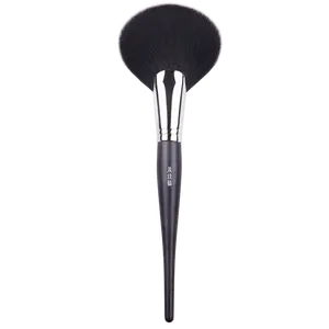 Özel makyaj fırçaları Logo Private label büyük fan pudra fırçası doğal saç bakır boru katı ahşap kolu